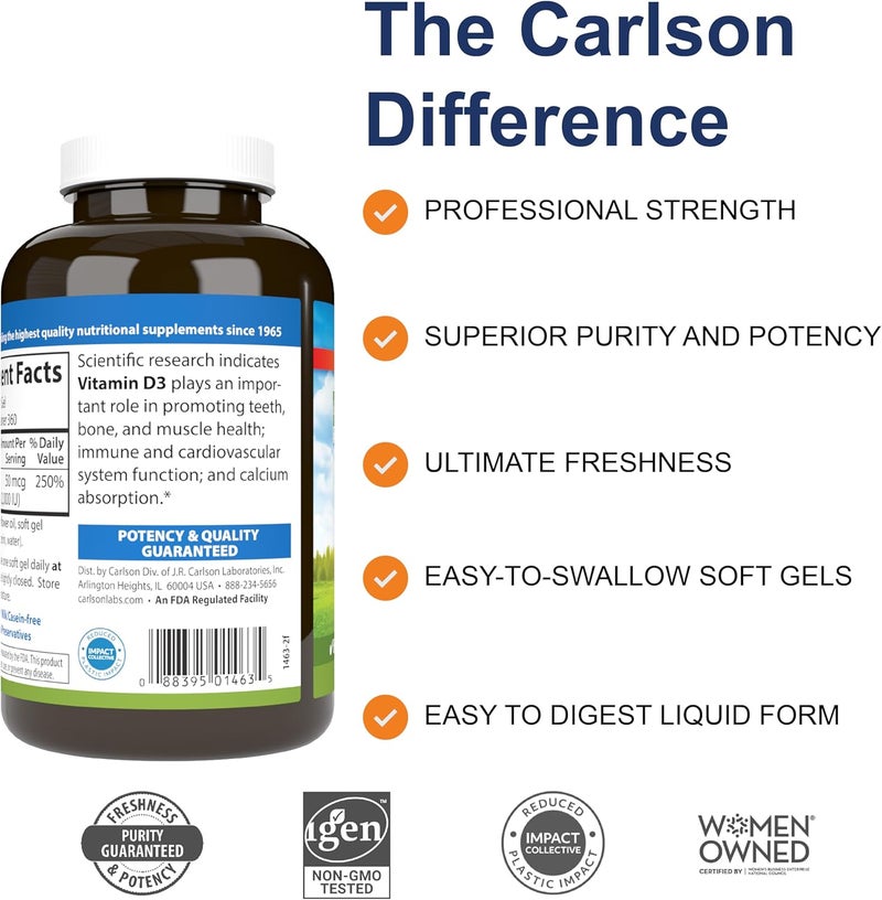 Carlson  Vitamin D3 2000 IU 50 mcg Bone  Immune Health Vitamin D Supplements Cholecalciferol Supplement Gluten Free Vitamin D Capsules 360 Softgels - Image 2