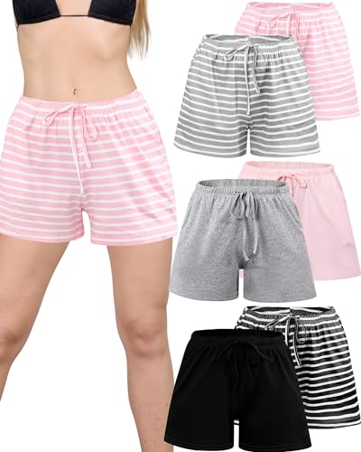 Chuarry 6 Pack Women Pajama Short Sleep Short Sleepwear Lounge Shorts Sleep Boxers Bottom with Pockets(M,Striped and Pure Style) - Image 1