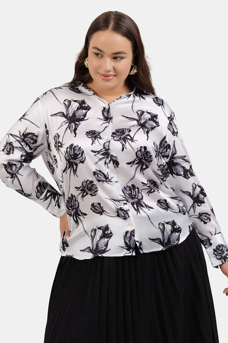 Virgio Floral Satin Floral Printed Plus Size Shirt for Women