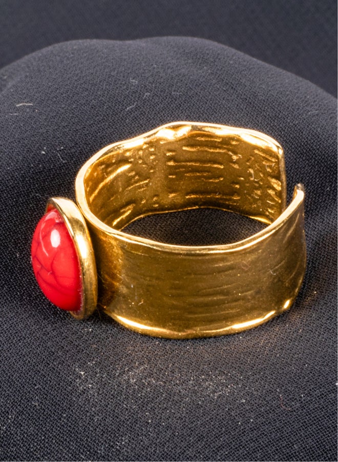 Red Stone Stainless Steel Free Size Golden Ring