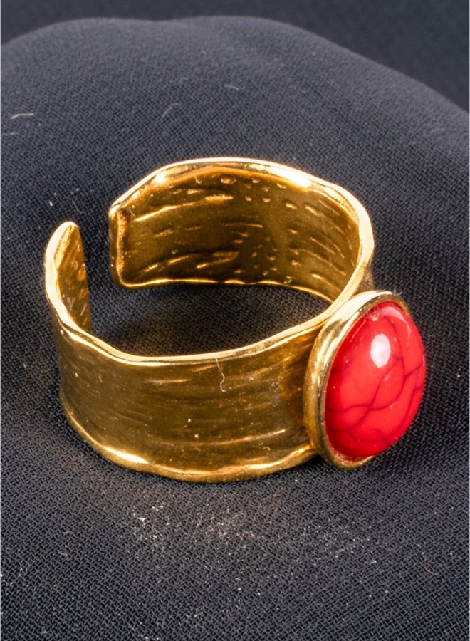 Red Stone Stainless Steel Free Size Golden Ring
