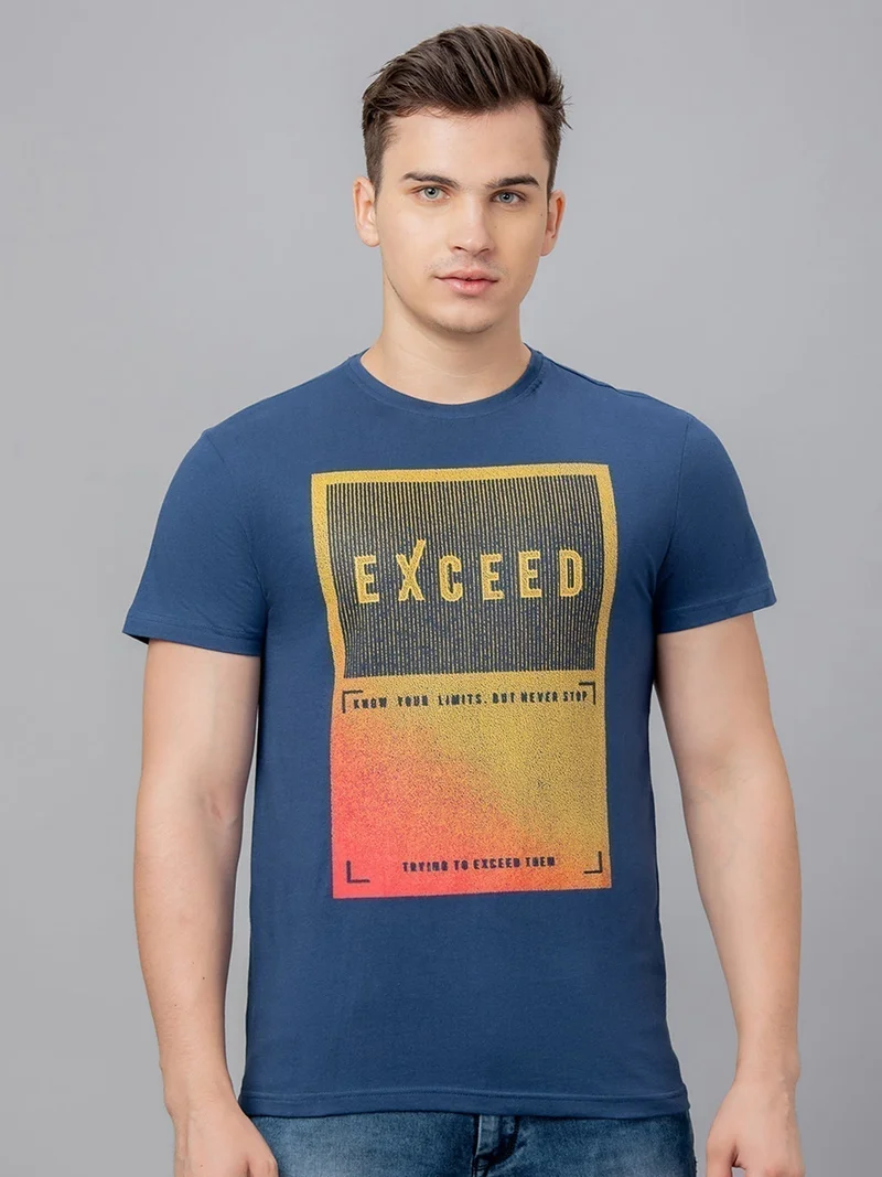 globus Globus Men Navy Blue Printed Cotton Round Neck Regular Fit T-shirt