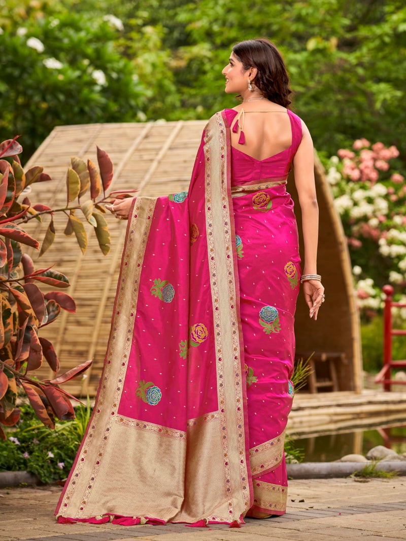 MANOHARI Women's Most Trendy Banarasi Satin Silk Woven Lemonade Pink Colorful Flower Pattern Saree With Heavy Jacquard Work Saree With Blouse Piece_MN2033 - Image 3