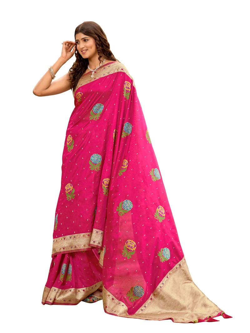 MANOHARI Women's Most Trendy Banarasi Satin Silk Woven Lemonade Pink Colorful Flower Pattern Saree With Heavy Jacquard Work Saree With Blouse Piece_MN2033 - Image 1