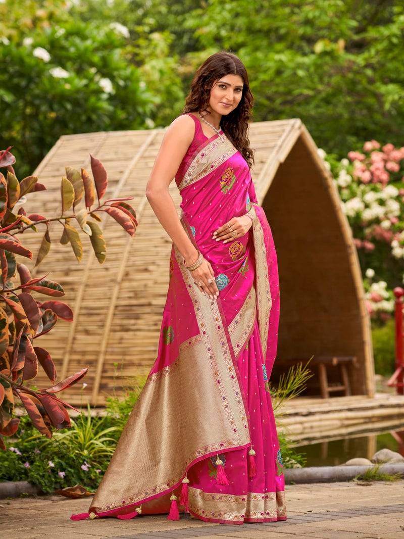 MANOHARI Women's Most Trendy Banarasi Satin Silk Woven Lemonade Pink Colorful Flower Pattern Saree With Heavy Jacquard Work Saree With Blouse Piece_MN2033 - Image 4