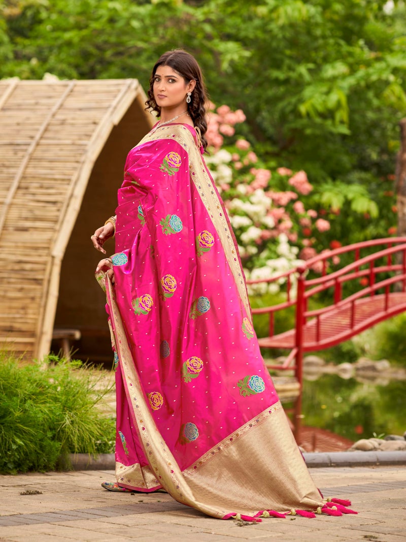 MANOHARI Women's Most Trendy Banarasi Satin Silk Woven Lemonade Pink Colorful Flower Pattern Saree With Heavy Jacquard Work Saree With Blouse Piece_MN2033 - Image 2