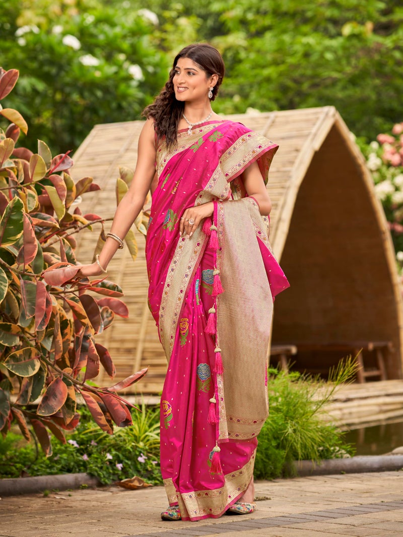 MANOHARI Women's Most Trendy Banarasi Satin Silk Woven Lemonade Pink Colorful Flower Pattern Saree With Heavy Jacquard Work Saree With Blouse Piece_MN2033 - Image 5
