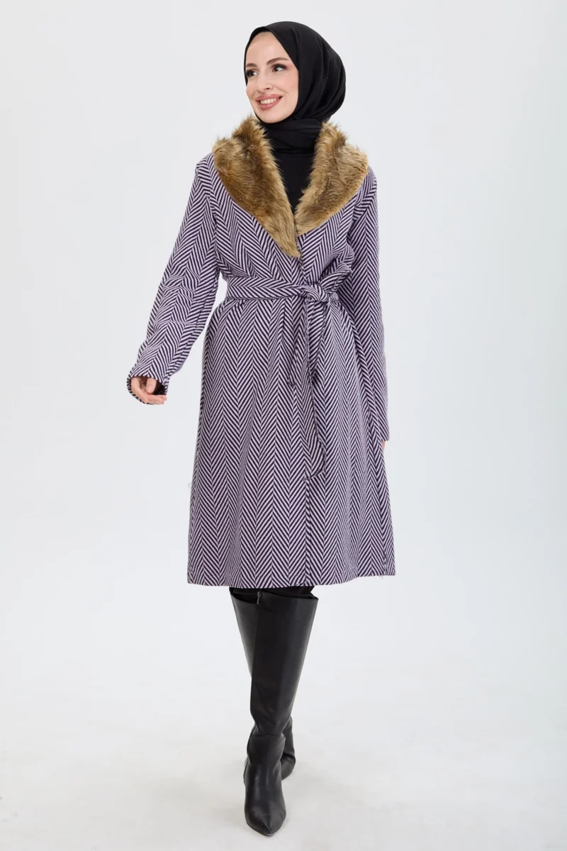 Tofisa 13092 Lilac Collar Fur Thin Cashmere Coat