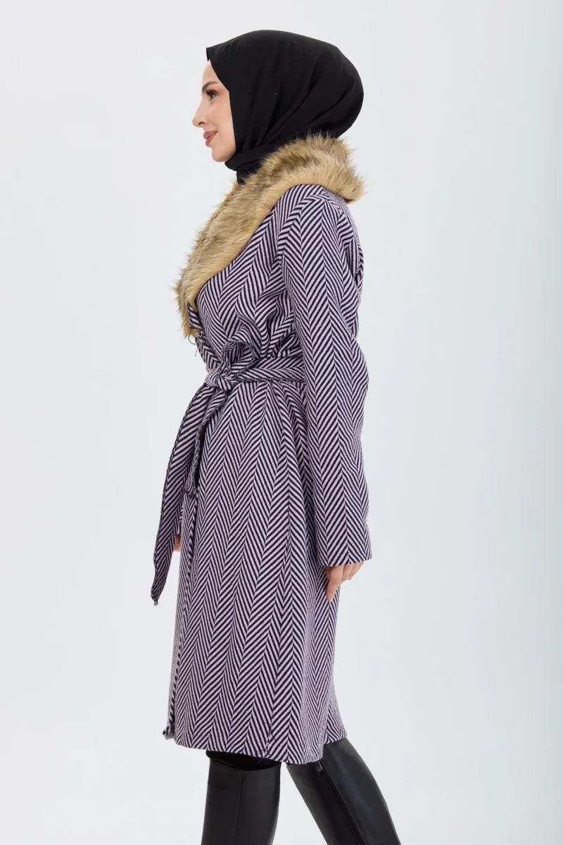 Tofisa 13092 Lilac Collar Fur Thin Cashmere Coat