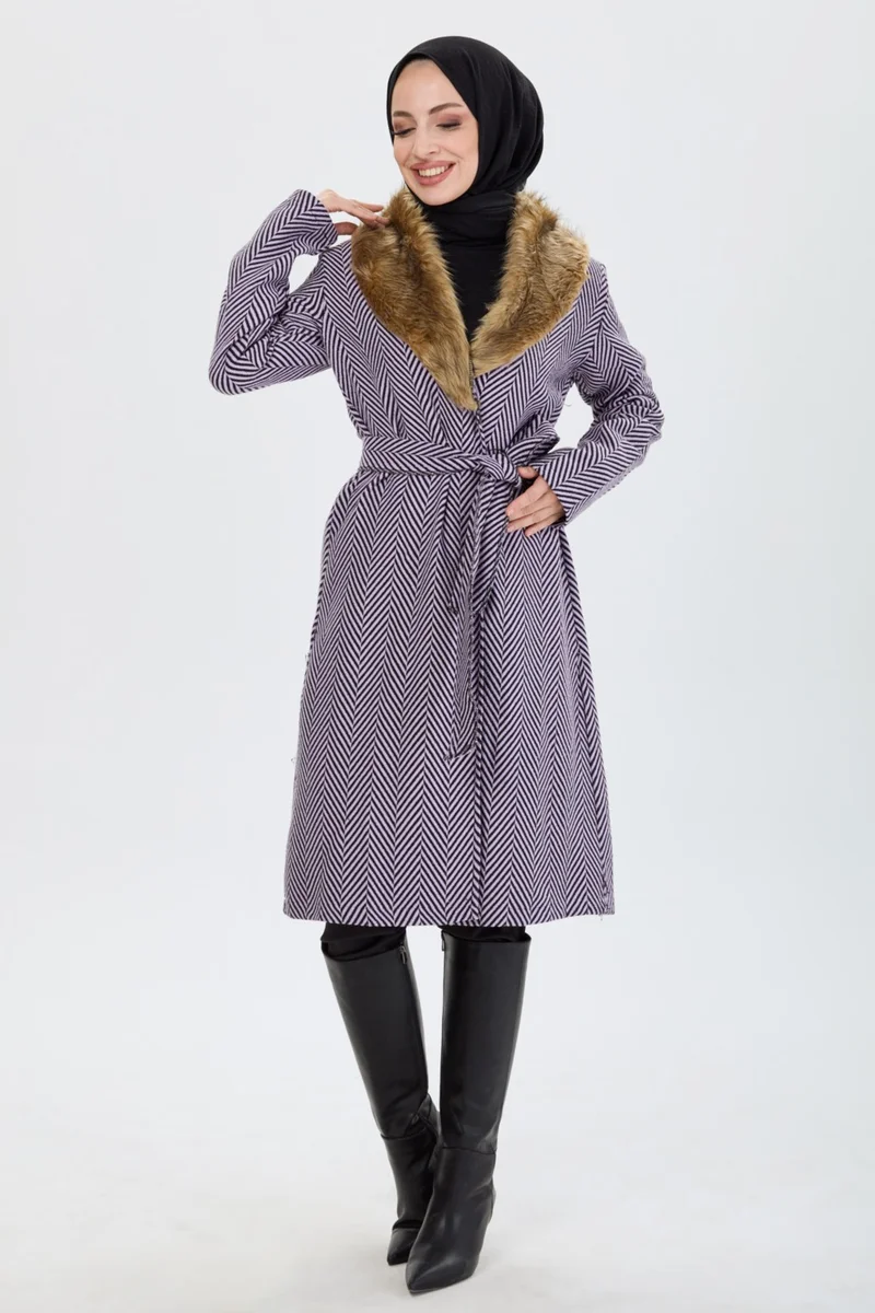 Tofisa 13092 Lilac Collar Fur Thin Cashmere Coat