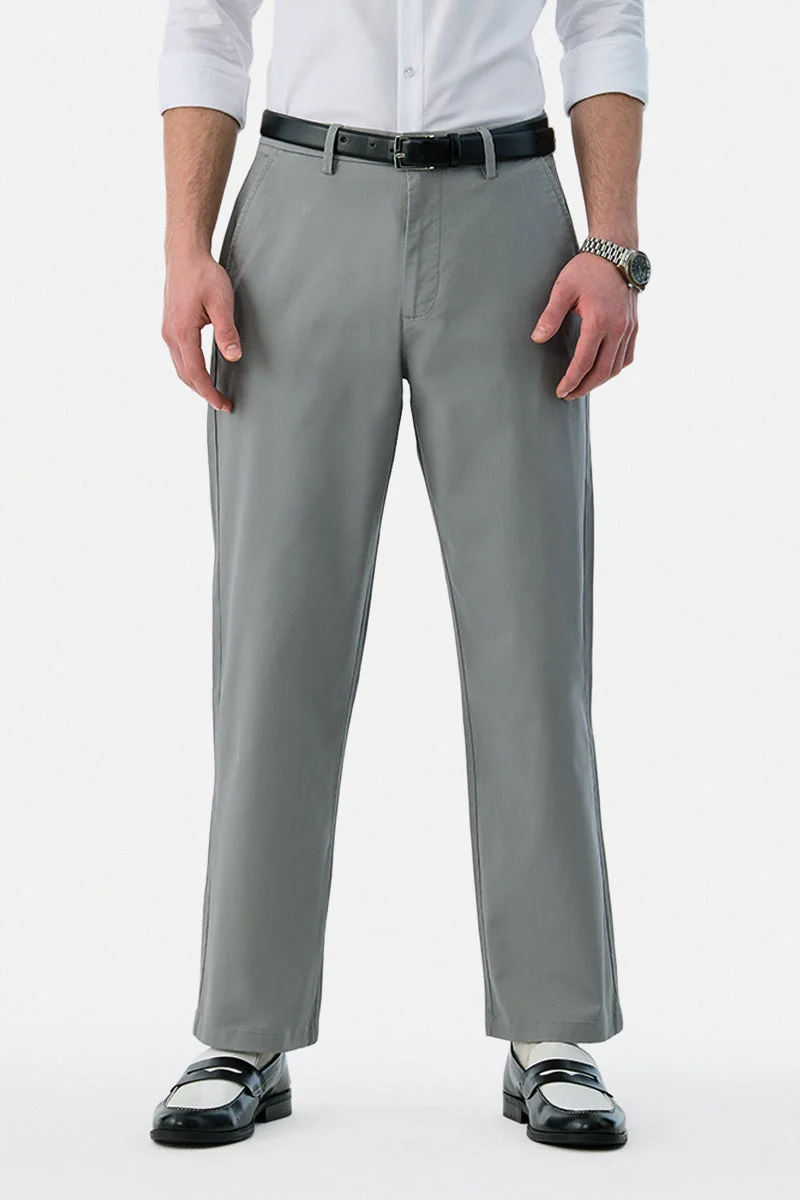 SNITCH Grey Solid Wide Leg Casual Chinos
