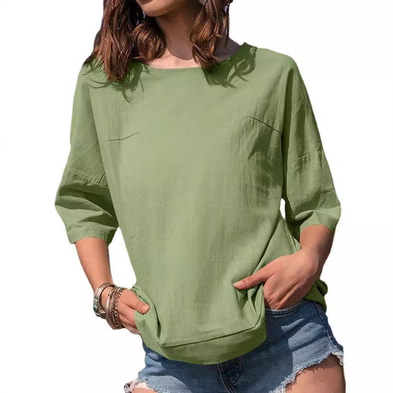 2024 and Cross-Border Tops for Women Summer New Style Three-Quarter Sleeve Basic Round Neck Pullover Pure Color Puff Sleeve T-Shirt for Women - Image 2