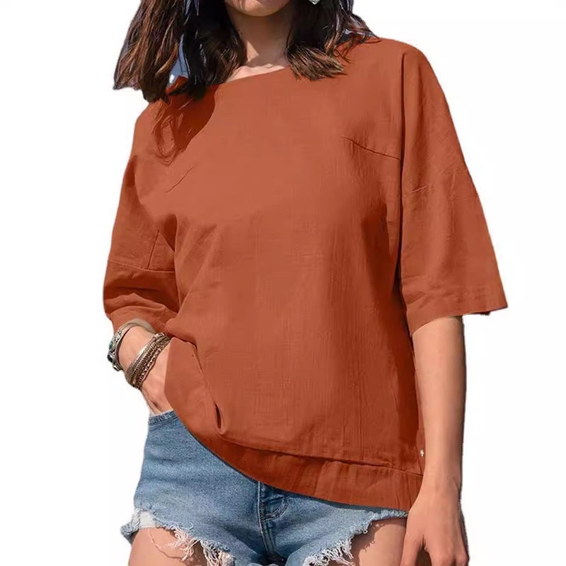 2024 and Cross-Border Tops for Women Summer New Style Three-Quarter Sleeve Basic Round Neck Pullover Pure Color Puff Sleeve T-Shirt for Women - Image 1