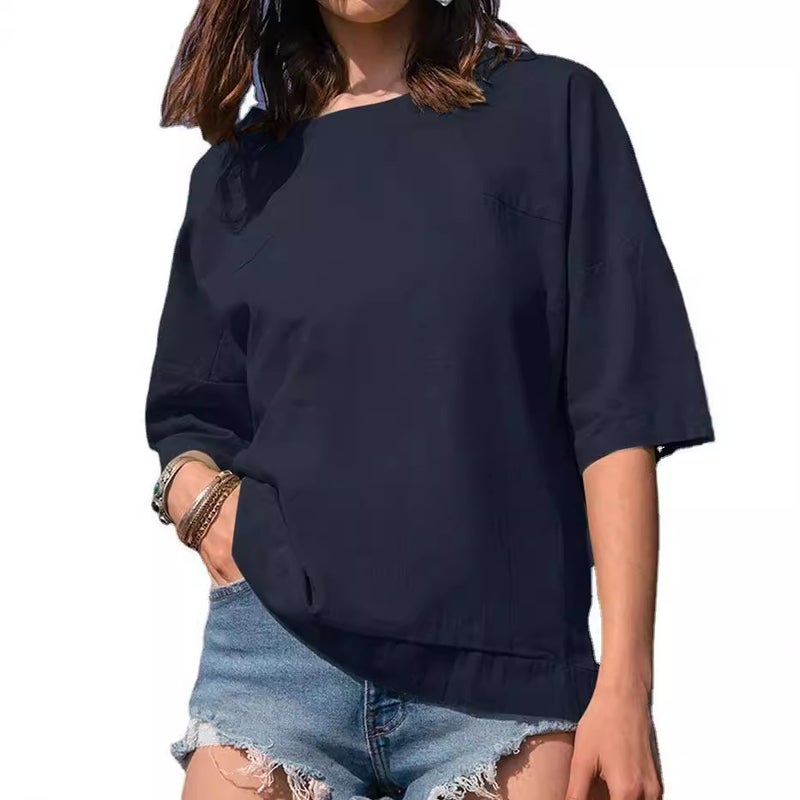 2024 and Cross-Border Tops for Women Summer New Style Three-Quarter Sleeve Basic Round Neck Pullover Pure Color Puff Sleeve T-Shirt for Women - Image 3