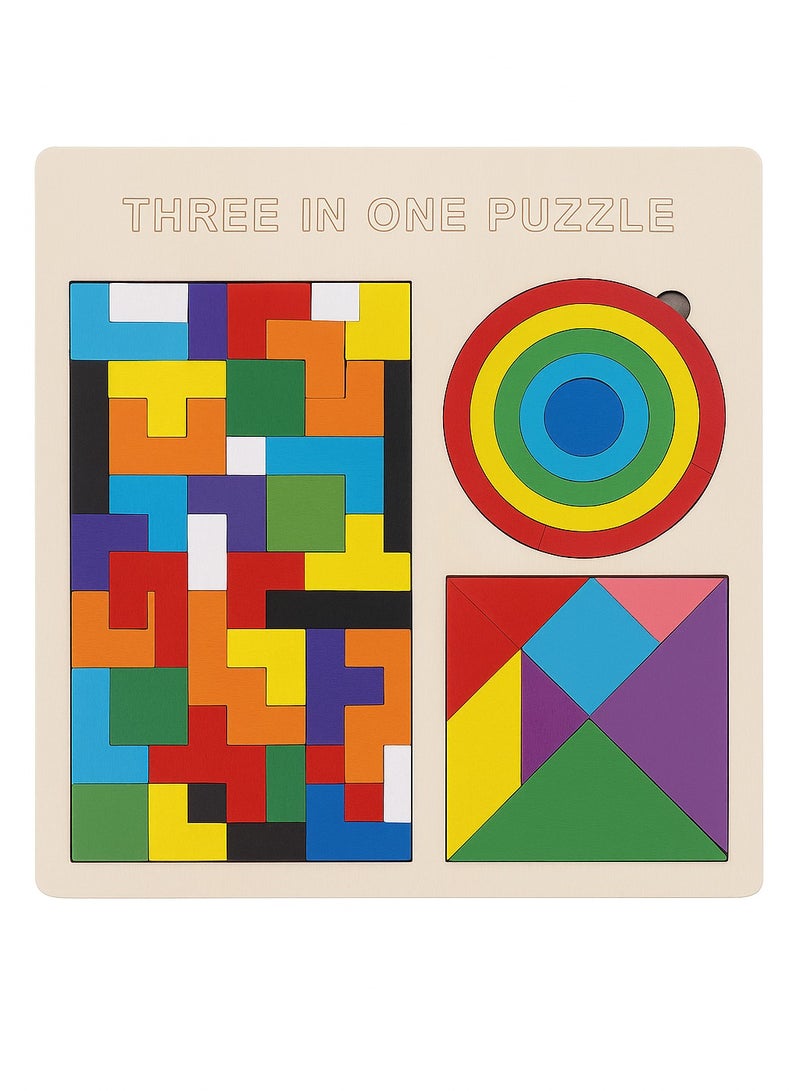 بازل خشبي تعليمي 3 في 1 – ألعاب تركيب وأشكال هندسية للأطفال