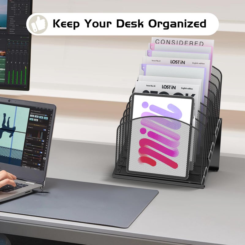 Sinboun Inclined Desk File Organizer Metal Desk Magazine Folder Holder with 8-Section Vertical Compartments Rack File Organizer for Office, Home, School, Black - Image 4