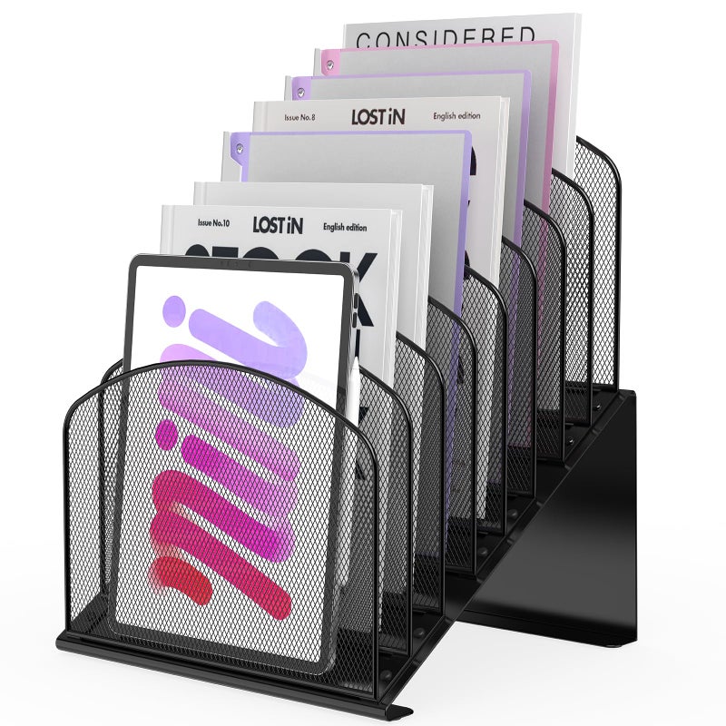 Sinboun Inclined Desk File Organizer Metal Desk Magazine Folder Holder with 8-Section Vertical Compartments Rack File Organizer for Office, Home, School, Black - Image 1