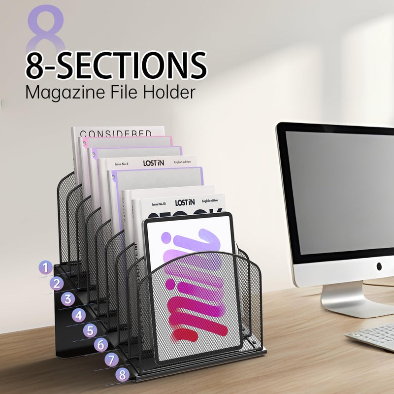 Sinboun Inclined Desk File Organizer Metal Desk Magazine Folder Holder with 8-Section Vertical Compartments Rack File Organizer for Office, Home, School, Black - Image 3
