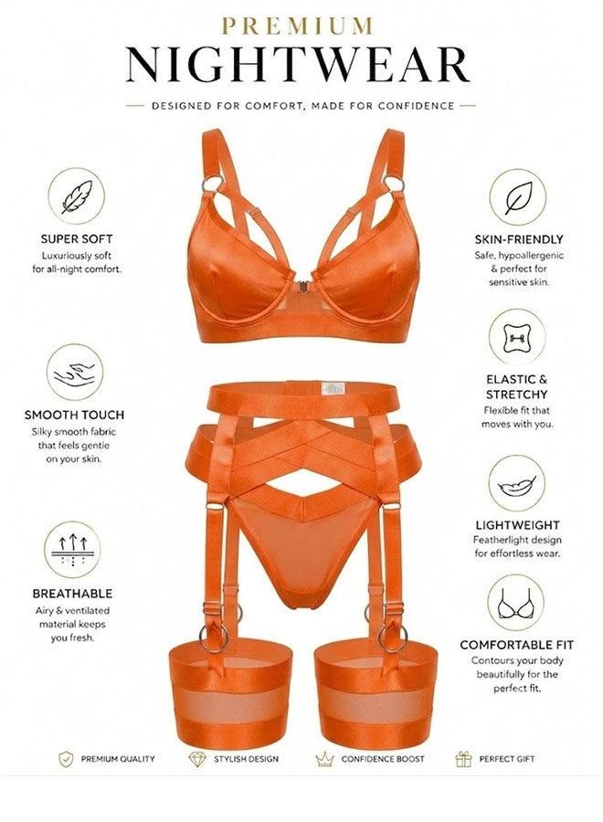 MARGOUN Women's 4-Piece Strappy Lingerie Set with Garter Belt, Underwire Strappy Bra, Cutout High-Waisted Cincher, Thong, and Thigh-High Stockings Exotic Underwear Ensemble - Orange - Image 2