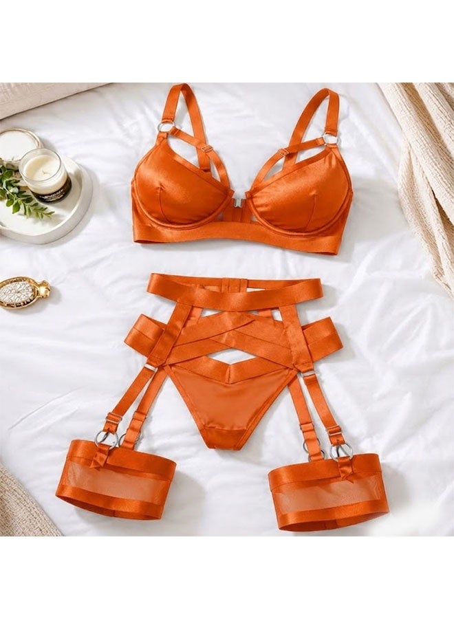 MARGOUN Women's 4-Piece Strappy Lingerie Set with Garter Belt, Underwire Strappy Bra, Cutout High-Waisted Cincher, Thong, and Thigh-High Stockings Exotic Underwear Ensemble - Orange - Image 4
