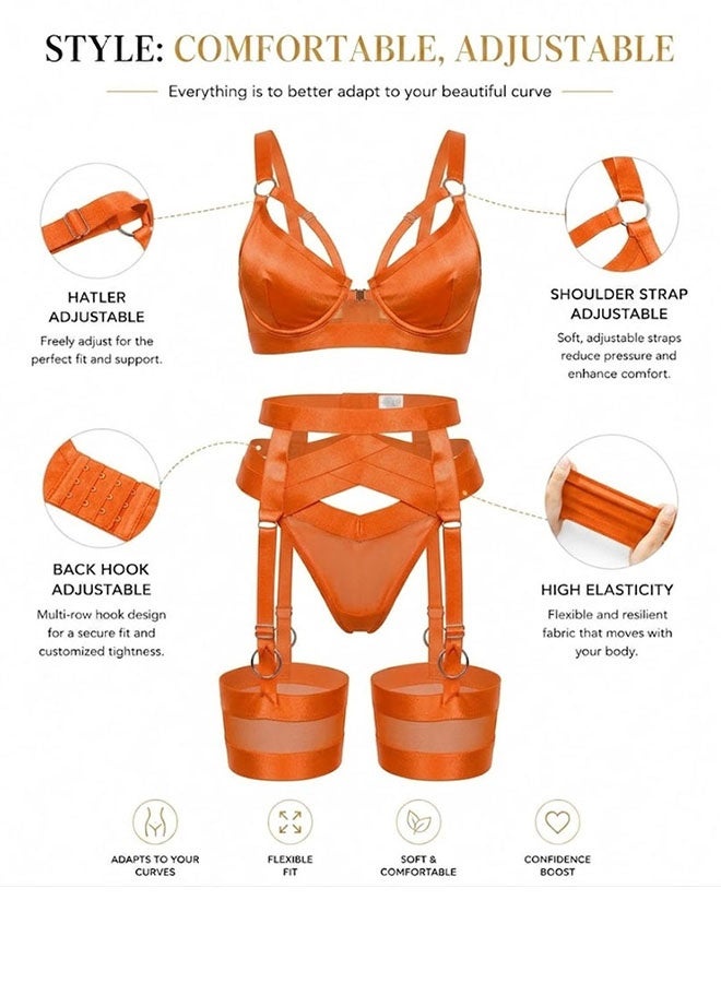 MARGOUN Women's 4-Piece Strappy Lingerie Set with Garter Belt, Underwire Strappy Bra, Cutout High-Waisted Cincher, Thong, and Thigh-High Stockings Exotic Underwear Ensemble - Orange - Image 5