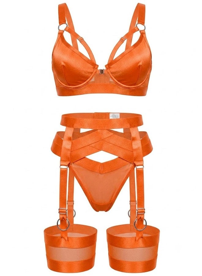 MARGOUN Women's 4-Piece Strappy Lingerie Set with Garter Belt, Underwire Strappy Bra, Cutout High-Waisted Cincher, Thong, and Thigh-High Stockings Exotic Underwear Ensemble - Orange - Image 3