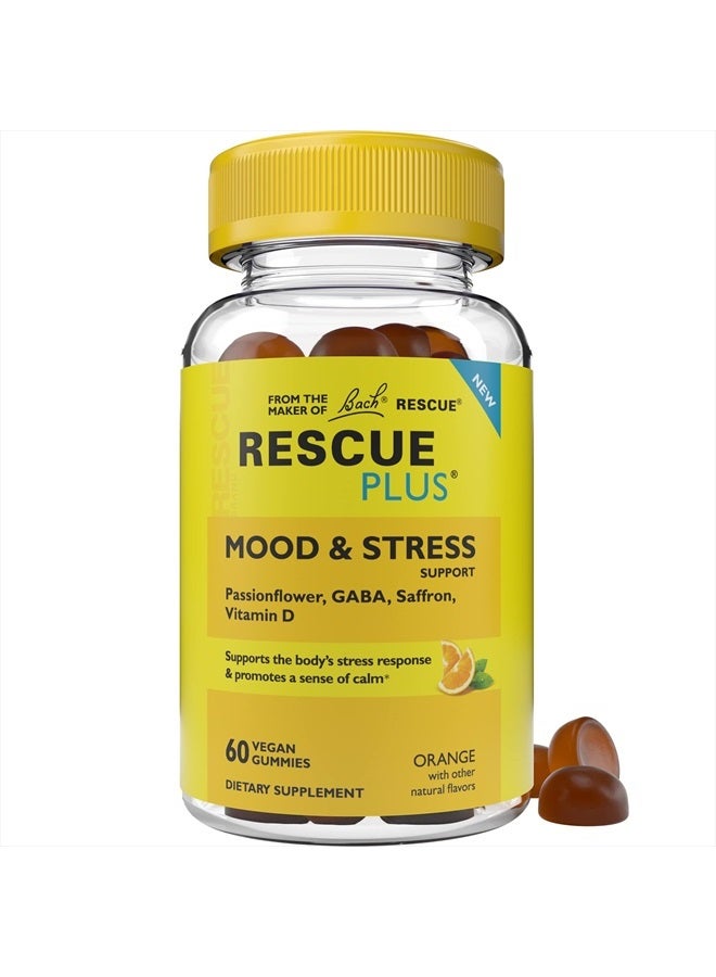 RESCUE Bach Plus Mood & Stress Support Gummies, Daytime Dietary Supplement with Passionflower, GABA, Saffron & Vitamin D, Natural Orange Flavor, Vegan & Gluten-Free, 60 Count  - Image 1