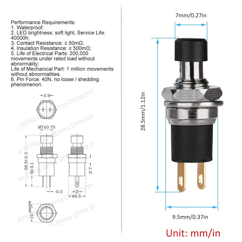 DIYhz 5Pcs Self-Locking SPST Latching Type Dash ON/Off Black Push Button Switch AC 250V/3A Line Length 20cm - Image 4