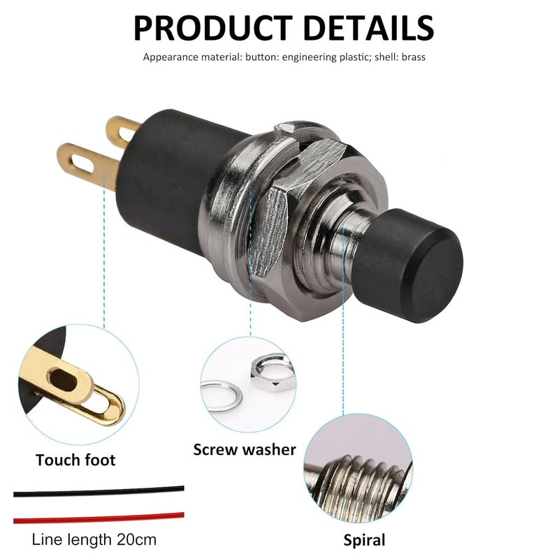 DIYhz 5Pcs Self-Locking SPST Latching Type Dash ON/Off Black Push Button Switch AC 250V/3A Line Length 20cm - Image 5