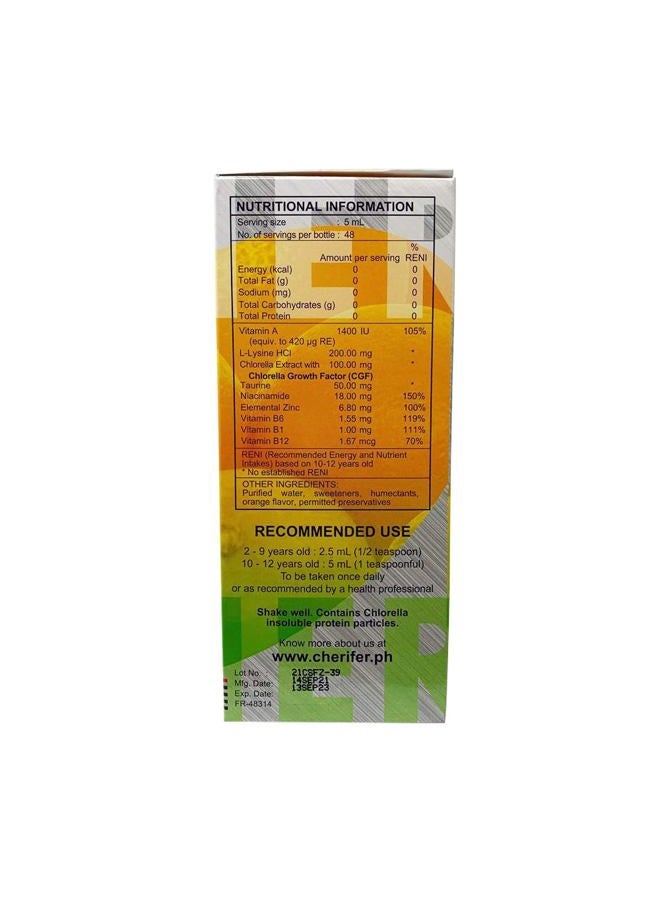 Cherifer شراب فورت معزز بالزنك مع التورين وعامل نمو الكلوريلا المزدوج بنكهة البرتقال 240 مل - Image 3
