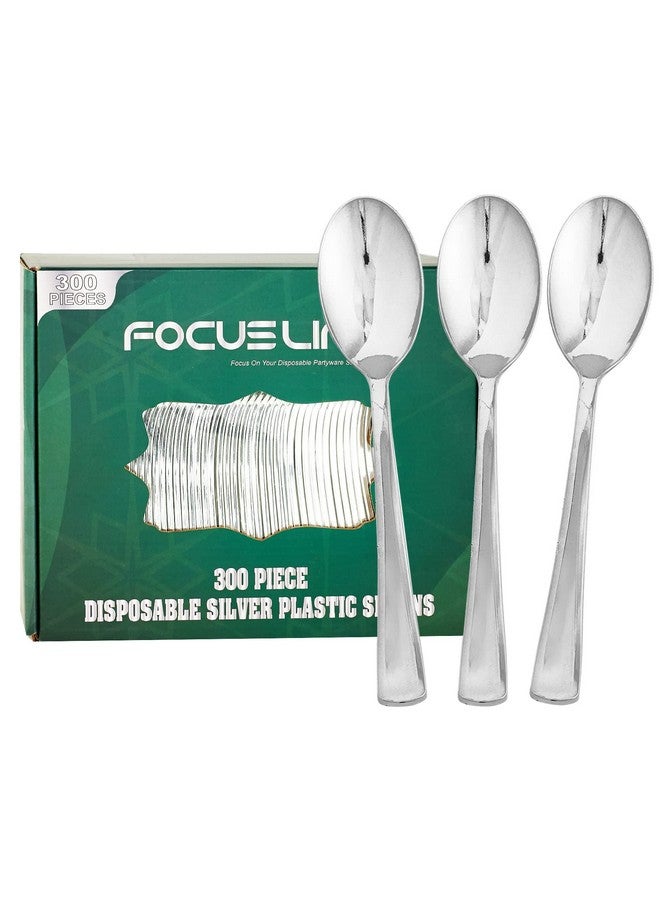 FOCUSLINE 300 Pack 6.8" Disposable Silver Plastic Spoons, Solid and Durable Plastic Cutlery Spoons, Heavy Duty Disposable Utensil Silverware for Catering, Parties, Dinners, Weddings - Image 1