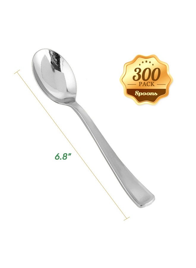 FOCUSLINE 300 Pack 6.8" Disposable Silver Plastic Spoons, Solid and Durable Plastic Cutlery Spoons, Heavy Duty Disposable Utensil Silverware for Catering, Parties, Dinners, Weddings - Image 2