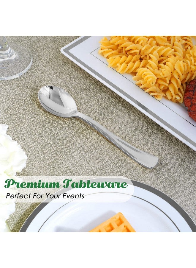 FOCUSLINE 300 Pack 6.8" Disposable Silver Plastic Spoons, Solid and Durable Plastic Cutlery Spoons, Heavy Duty Disposable Utensil Silverware for Catering, Parties, Dinners, Weddings - Image 4
