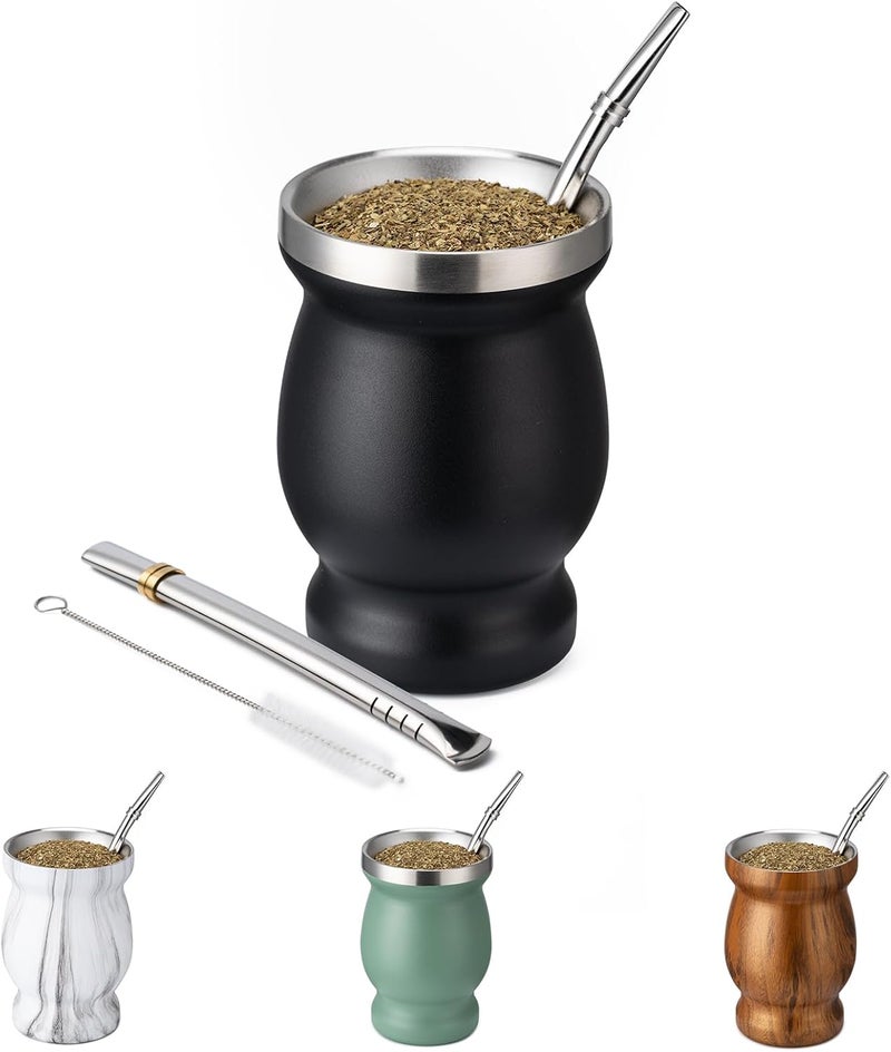 8oz Yerba Mate Cup, 304 Stainless Steel Double-Wall Mate Cup, Heat Insulation Yerba Mate Gourd, Tea Cup Set Includes Cleaning Brush & 2 Bombillas (Black) - Image 1