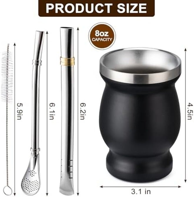 8oz Yerba Mate Cup, 304 Stainless Steel Double-Wall Mate Cup, Heat Insulation Yerba Mate Gourd, Tea Cup Set Includes Cleaning Brush & 2 Bombillas (Black) - Image 2