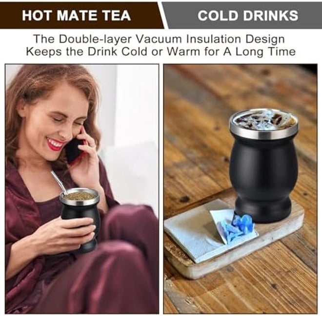 8oz Yerba Mate Cup, 304 Stainless Steel Double-Wall Mate Cup, Heat Insulation Yerba Mate Gourd, Tea Cup Set Includes Cleaning Brush & 2 Bombillas (Black) - Image 4