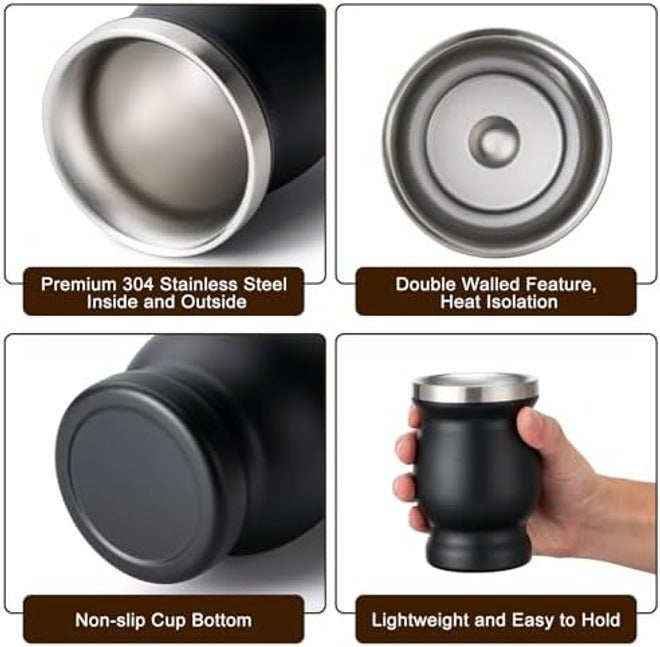 8oz Yerba Mate Cup, 304 Stainless Steel Double-Wall Mate Cup, Heat Insulation Yerba Mate Gourd, Tea Cup Set Includes Cleaning Brush & 2 Bombillas (Black) - Image 3