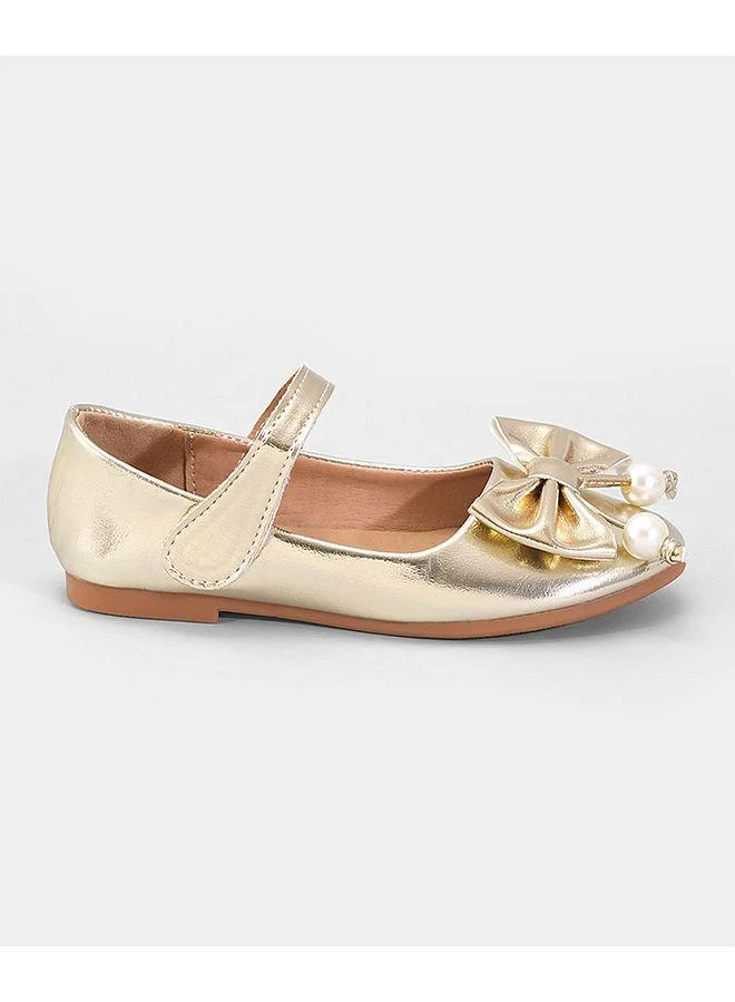 Mark & Mia Mark & Mia Bow Detailed Pearl Embellished Velcro Closure Ballerina Shoes - Golden