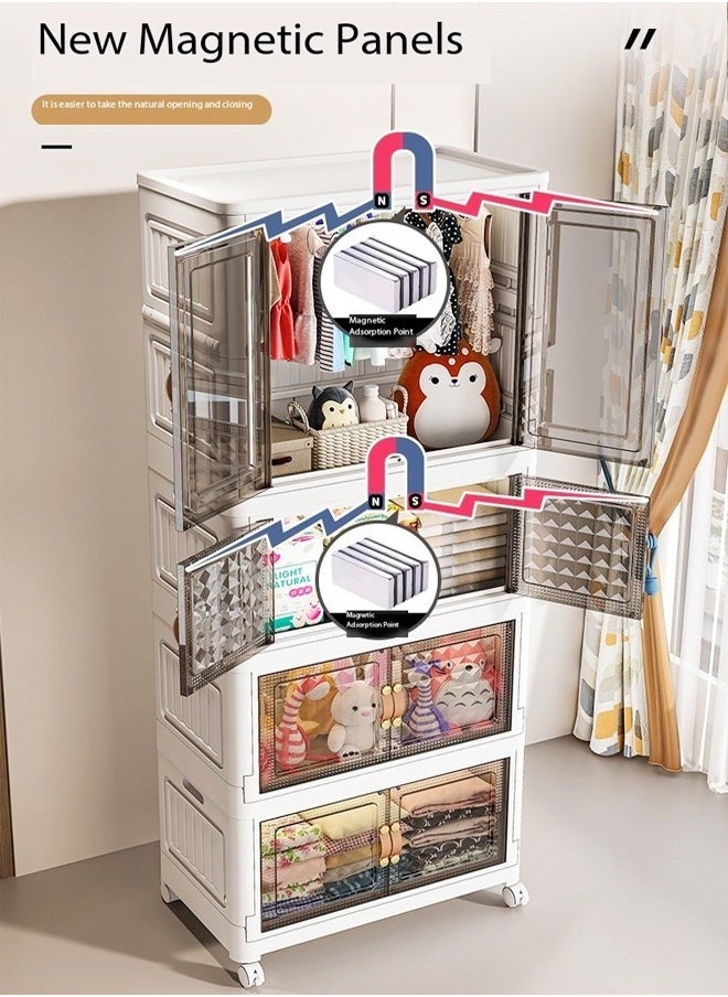 fashionhome صندوق تخزين بلاستيكي قابل للطي وقابل للتكديس بأربعة طبقات مع عجلات ومنظمات خزانة بباب مزدوج قابلة للطي وحاويات تخزين مفتوحة من الأمام مع عجلات للمنزل والمكتب مقاس 65 × 38 × 165 سم  - Image 5