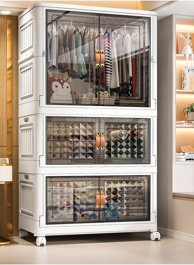 fashionhome صندوق تخزين بلاستيكي قابل للطي وقابل للتكديس بأربعة طبقات مع عجلات ومنظمات خزانة بباب مزدوج قابلة للطي وحاويات تخزين مفتوحة من الأمام مع عجلات للمنزل والمكتب مقاس 65 × 38 × 165 سم  - Image 2