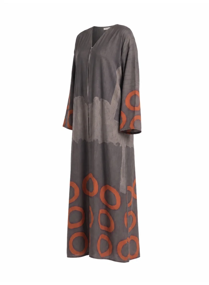 Amnad International Women's Silk Open Abaya Graphite Grey with Burnt Orange Circle Print and Matching Hijab, Sizes 52-60 inches