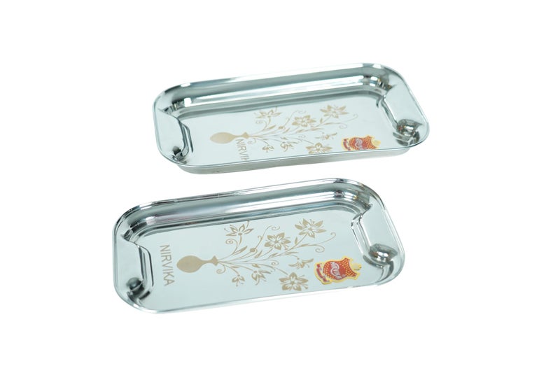 Nirvika Stainless Steel Serving Tray/Lemon Platter with Steel Finish, Rectangular Multipurpose Tray DishSet of 2 - Image 1