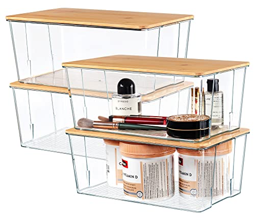 Hudgan 4 Pack Clear Plastic Storage Bins with Bamboo Lids, Stackable Storage Containers for Organizing Medicine Cabinet Organizer, Craft Room, Bread Box - Image 1