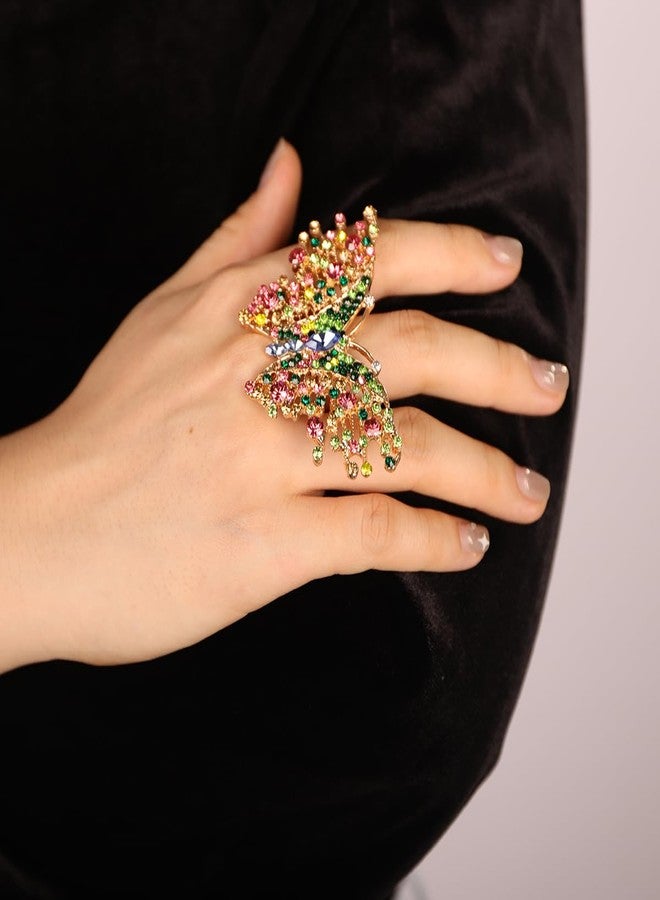 Xerling Crystal Big Butterfly Ring Multi Color Rhinestone Statement Ring Colorful Finger Ring Aesthetic for Women Cocktail Party (Colorful) - Image 2