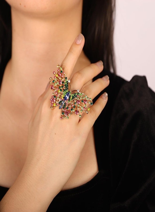 Xerling Crystal Big Butterfly Ring Multi Color Rhinestone Statement Ring Colorful Finger Ring Aesthetic for Women Cocktail Party (Colorful) - Image 3