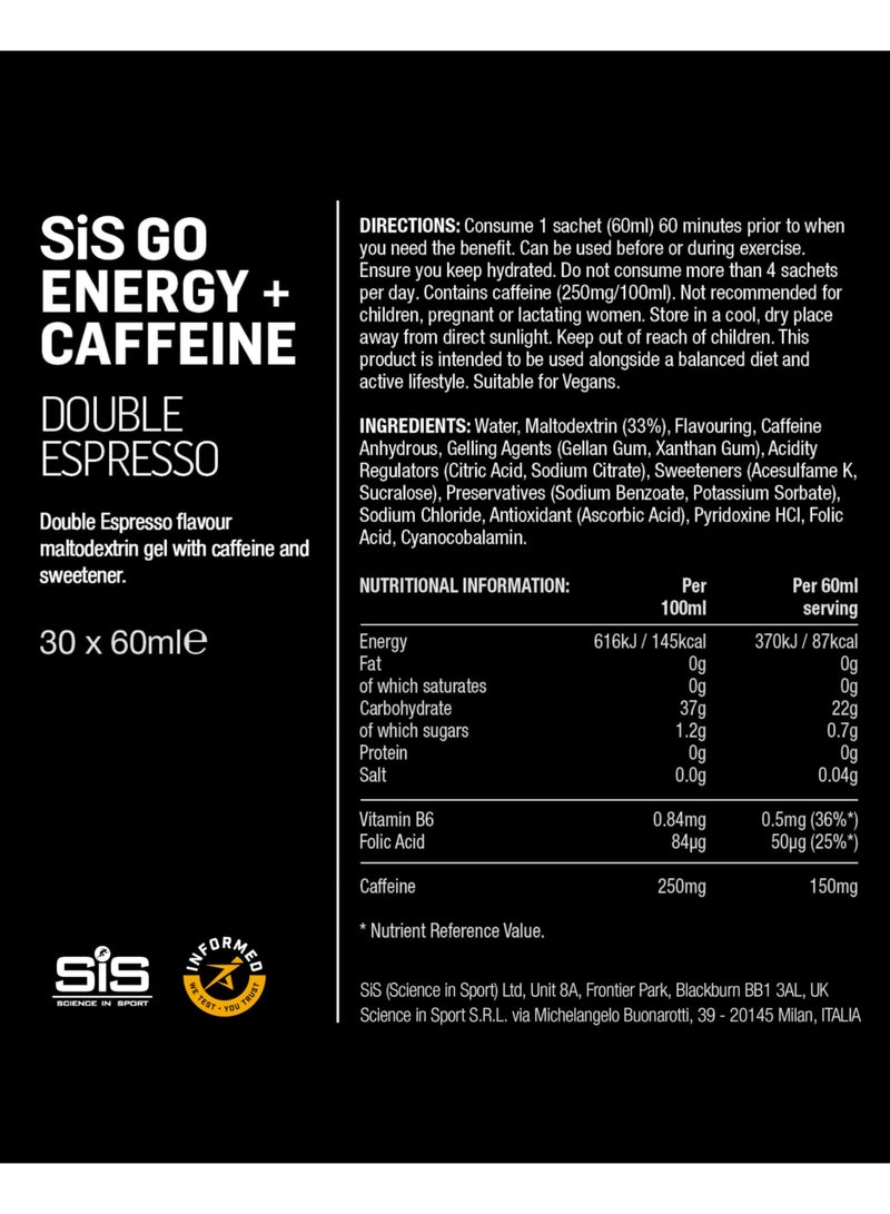 SIS GO Isotonic Energy Gels | 150mg Caffeine | 22g Carbohydrates | Low Sugar | Easily Digestible | Gluten Free | No Water Needed | Running Gels | Double Espresso Flavour | 30 Pack - Image 2