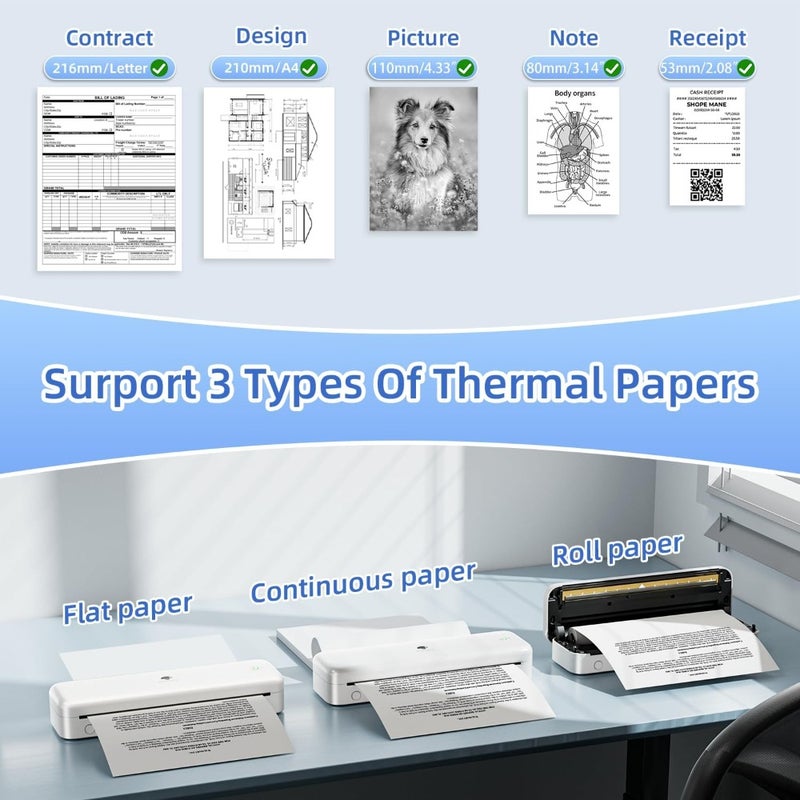 Upgraded Portable Inkless Thermal Printer Wireless Bluetooth Supports Multi-Size Thermal Paper Compatible with iOS Android PC 300 DPI For Travel Office School - Image 5