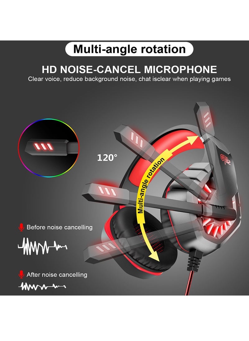 Generic - OVLENG GT82 Gaming Headset - Ergonomic Stretchable Design - Rotatable Microphone - Precise Sound with Powerful Bass - 50mm - LED Effects - Compatible with 3.5mm Devices-RED - Image 1