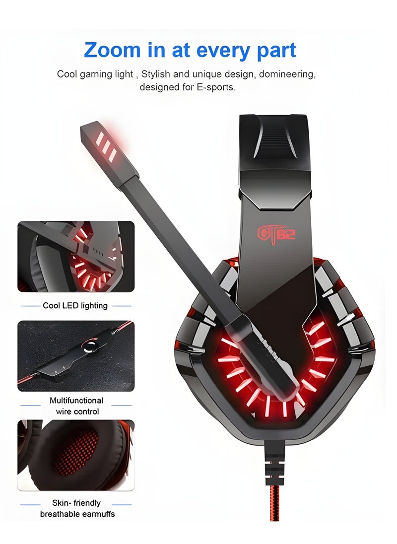 Generic - OVLENG GT82 Gaming Headset - Ergonomic Stretchable Design - Rotatable Microphone - Precise Sound with Powerful Bass - 50mm - LED Effects - Compatible with 3.5mm Devices-RED - Image 1