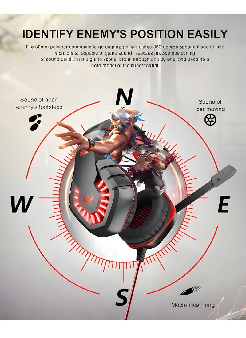 Generic - OVLENG GT82 Gaming Headset - Ergonomic Stretchable Design - Rotatable Microphone - Precise Sound with Powerful Bass - 50mm - LED Effects - Compatible with 3.5mm Devices-RED - Image 1